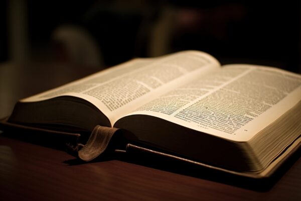 Religious old retro vintage bible book open, with page bookmark. Christian Confession Literature. AI generated.